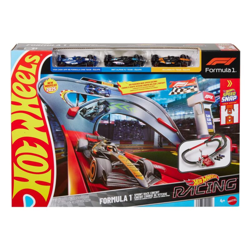 Hot Wheels Formula 1 Sprint Race Circuit box with McLaren, Alpine, and RB die-cast cars included.