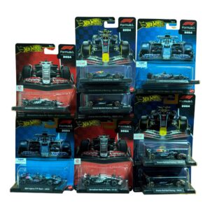 Hot Wheels Formula 1 2024 F Assortment HRV11-956F full set of 8 cars including Verstappen, Pérez, Ocon, Gasly, Hülkenberg and Magnussen die-cast models in collector packaging.