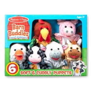 Melissa & Doug Barn Buddies Hand Puppets 6-Piece Set – soft and cuddly farm animal puppets in box including cow, duck, horse, pig, sheep and rooster.