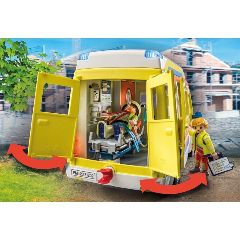 Rear view of the Playmobil City Life ambulance with open doors showing interior medical equipment and stretcher.
