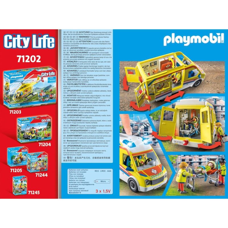Back of Playmobil 71202 City Life Ambulance packaging showing features, product images, and battery requirements.