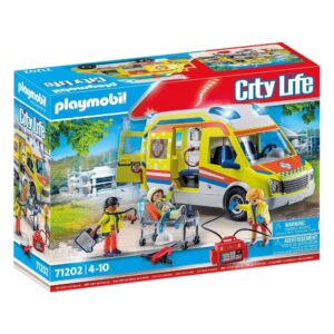 Retail box of Playmobil City Life Ambulance with Lights and Sound set 71202, 67-piece playset for ages 4–10.