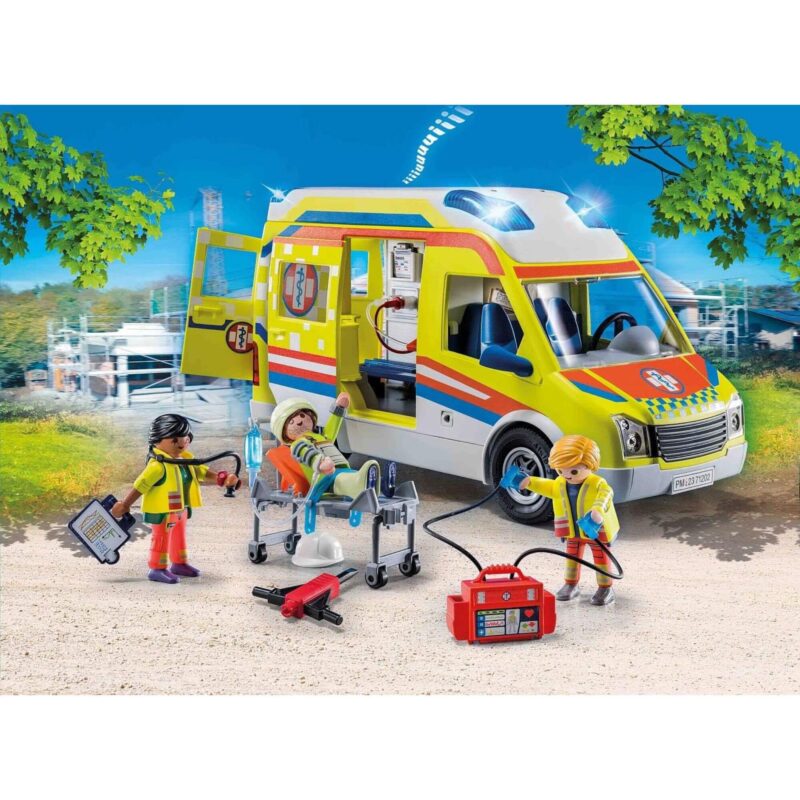 Playmobil ambulance set in action with paramedics treating a patient and medical accessories on display.