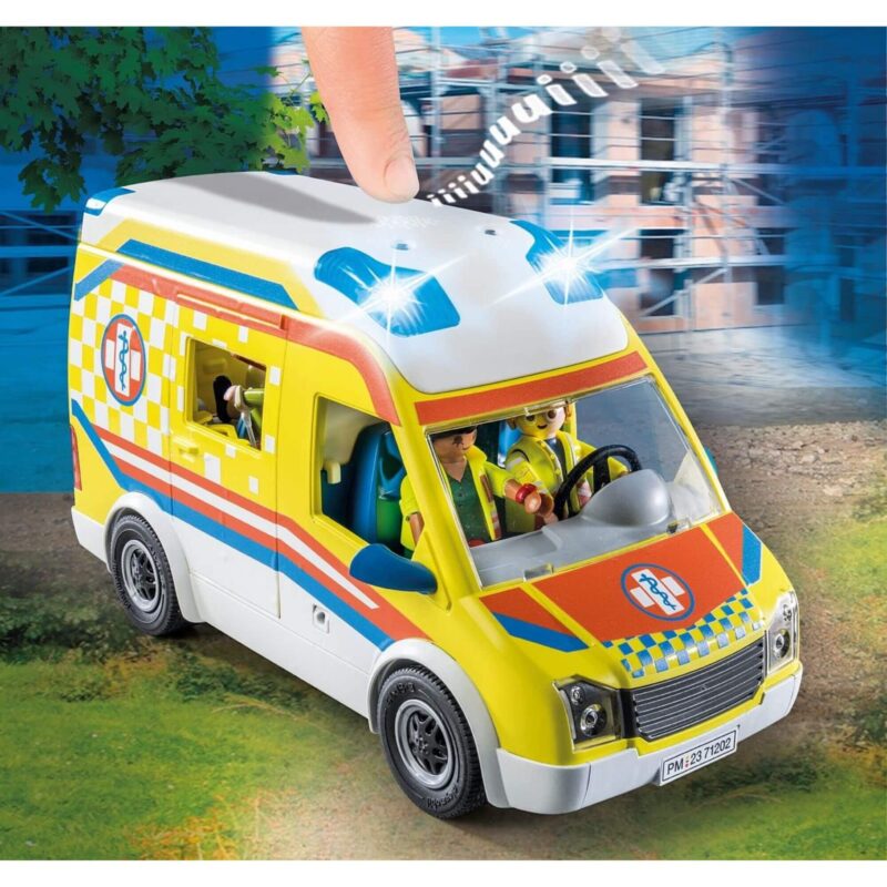 Playmobil City Life ambulance with flashing roof lights and sound feature activated.