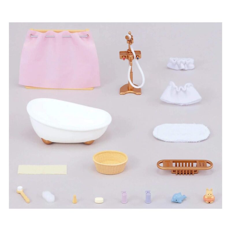 Flat-lay of all components (bathtub, curtain, accessories) against a neutral background.