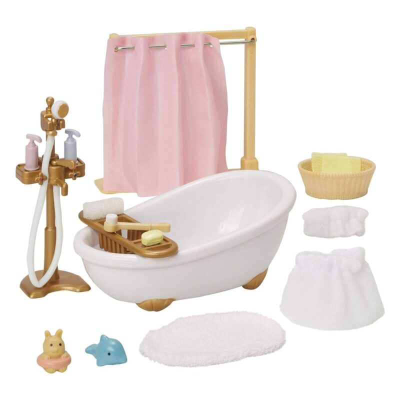 Front view of the bathtub scene with figures and accessories arranged for display.