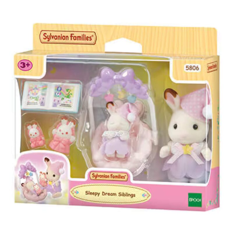 Retail packaging of Sylvanian Families Sleepy Dream Siblings SF5806 showing figures, cradle, storybook, and accessories inside display box.
