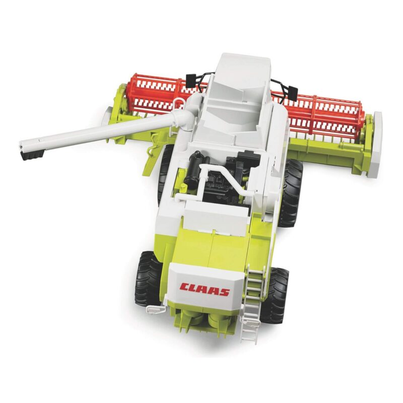 Top view of Bruder Claas Lexion 480 Combine Harvester toy showing fold-out grain pipe