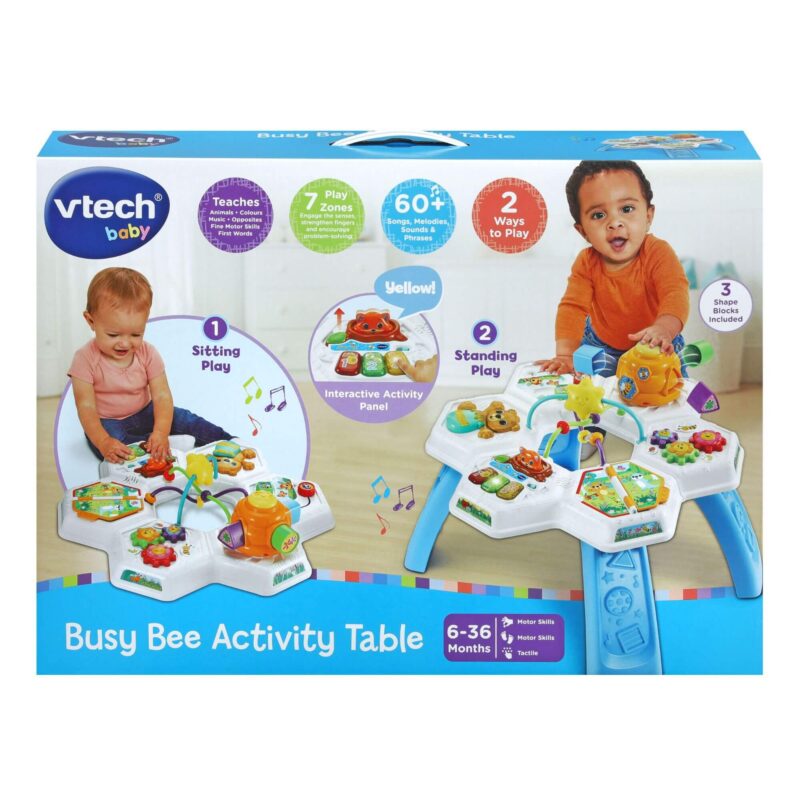 Packaging of the VTech Busy Bee Activity Table showing features, sitting play, and standing play options.
