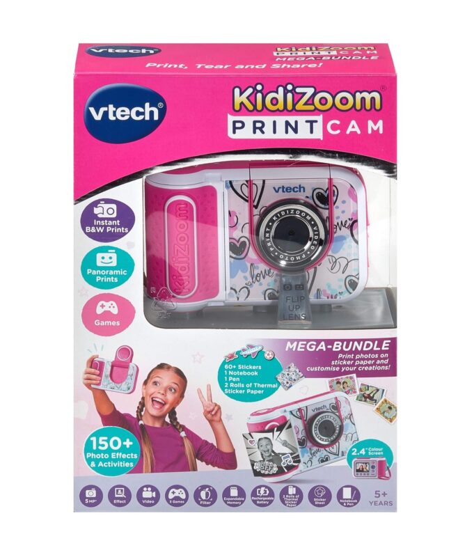 VTech KidiZoom PrintCam Pink packaging with camera and accessories