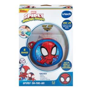 VTech Spidey On-The-Go toy in packaging with features and age range shown