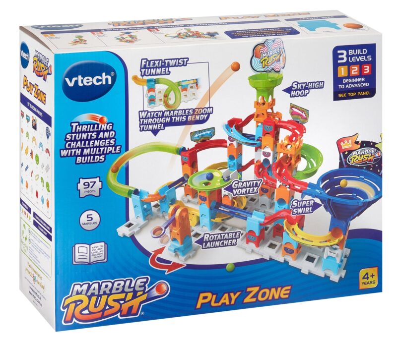 VTech Marble Rush Play Zone packaging showing features, tunnels, launcher, and 97 building pieces