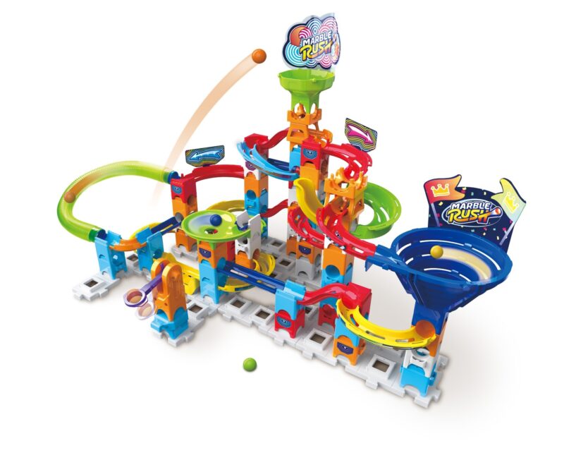 VTech Marble Rush Play Zone set with colorful tracks, tunnels, and marbles assembled on a base