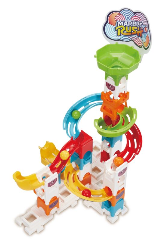 VTech Marble Rush Play Zone tall tower build with spiral tracks, ramps, and funnels