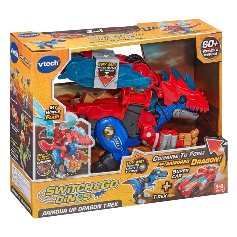 VTech Switch & Go Armour Up Dragon T-Rex toy packaging box