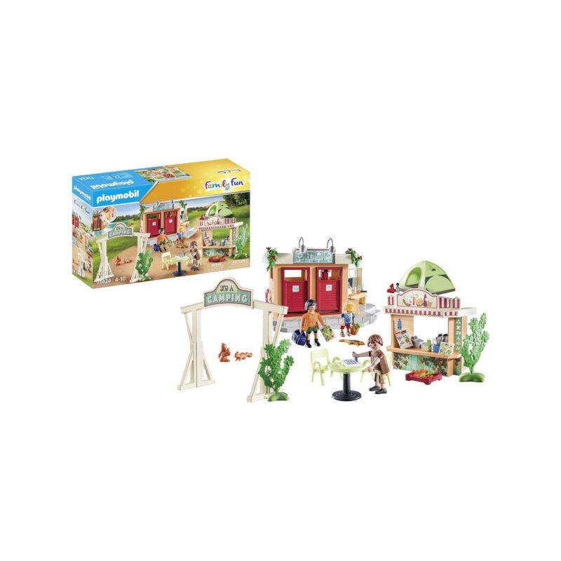 Playmobil Camping Site 71424 box with camping set pieces displayed.