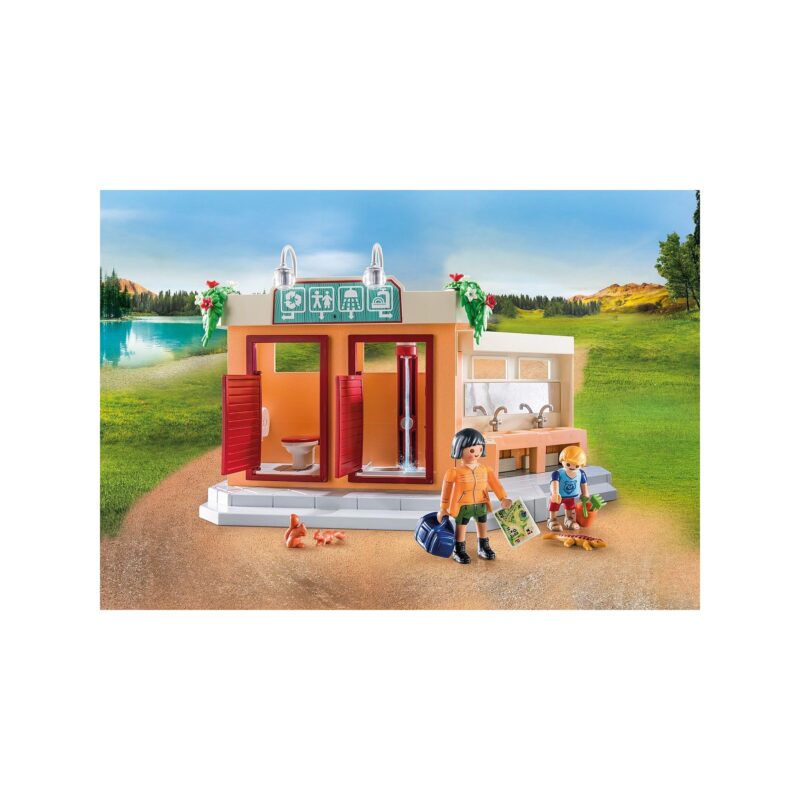 Playmobil Camping Site 71424 restroom and wash area close-up with figures.
