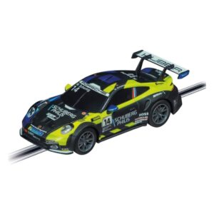 Carrera GO!!! Porsche 992 GT3 Cup Huber Racing No.14 slot car on track, blue and yellow design with rear wing