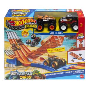 Hot Wheels Monster Trucks Racedown Destruction playset box with trucks