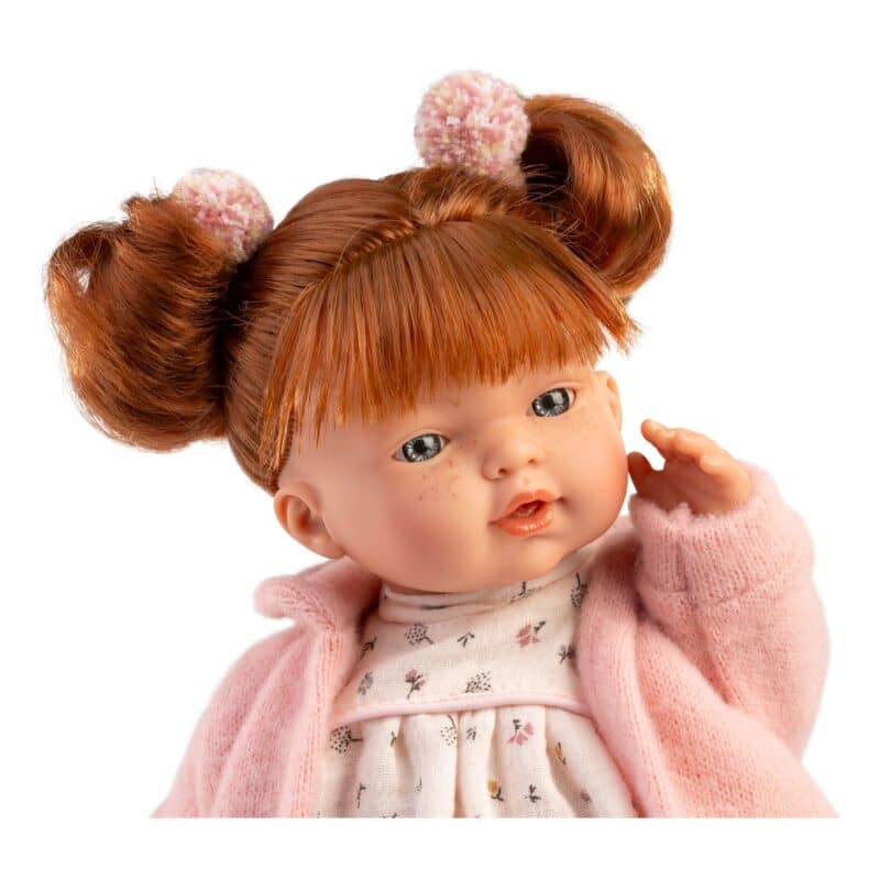 Llorens 33cm Lea crying baby doll with red hair and pink outfit