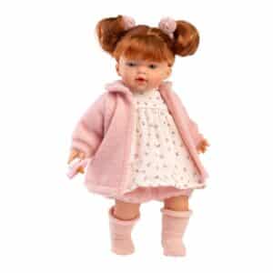 Llorens Lea 33cm doll wearing pink dress and cardigan holding dummy