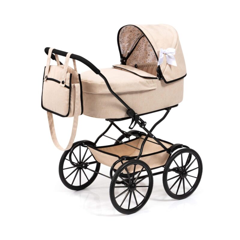 Bayer Design Doll Pram Classic beige with black trim and white bow front angle