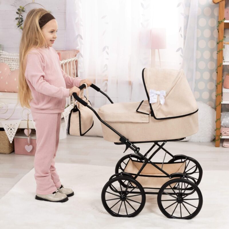 Lifestyle scene showing Bayer Design Doll Pram Classic beige in playroom with girl