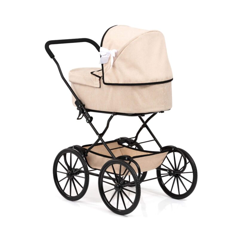 Rear view of Bayer Design Doll Pram Classic beige with black trim and white bow
