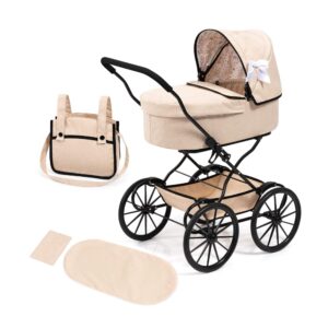 Bayer Design Doll Pram Classic beige with black trim and white bow including matching bag and bedding set