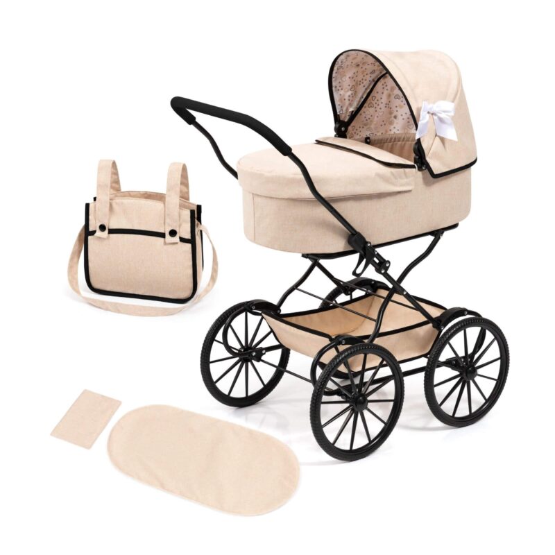 Bayer Design Doll Pram Classic beige with black trim and white bow including matching bag and bedding set