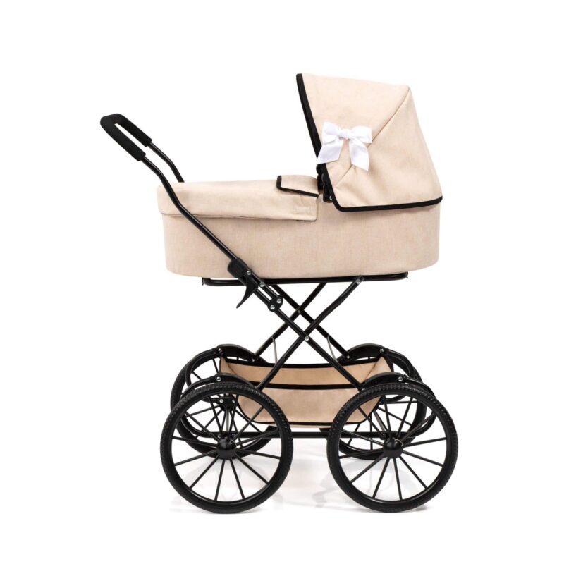 Side view of Bayer Design Doll Pram Classic beige pram with black frame and white bow