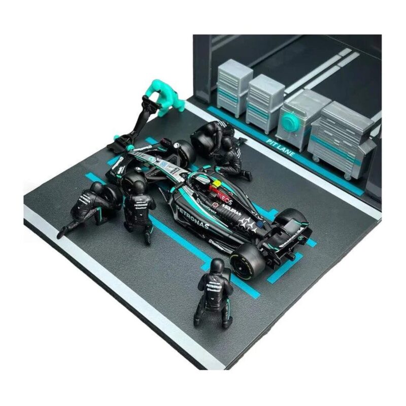 Diagonal view of pit stop diorama