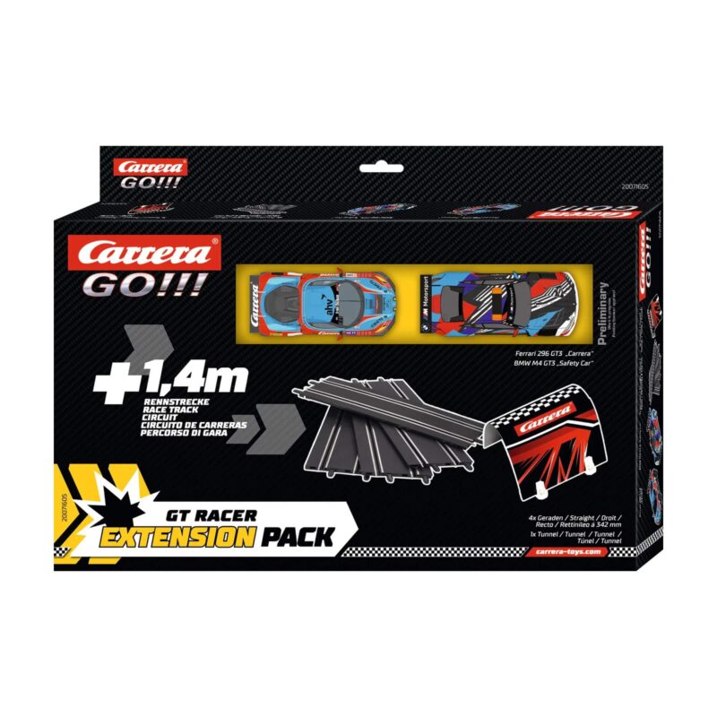 Carrera GO GT Racer Extension Pack box front featuring Ferrari 296 GT3 and BMW M4 GT3 slot cars