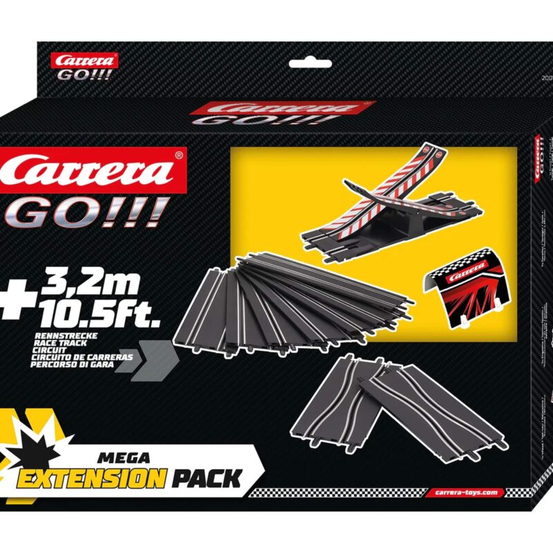 Carrera Seesaw Extension Pack 20071610 box showing seven straight tracks, seesaw bridge and finish gate