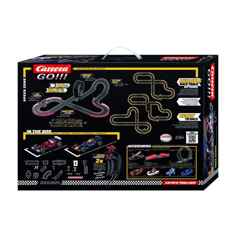 Back of Carrera GO F1 Speed Zone 20062605 box showing 6.3 m track layout and included F1 cars