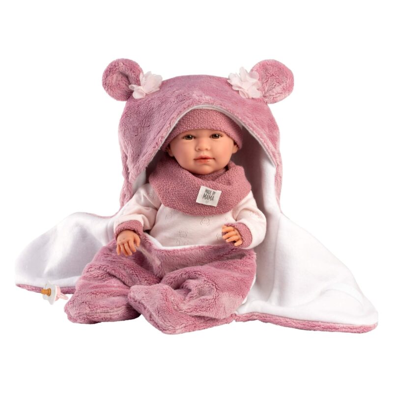 Mimi 42 cm doll seated with hooded blanket