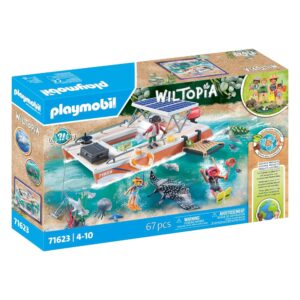 Playmobil Wiltopia Great Barrier Reef Examination box front showing floating catamaran and marine animals.