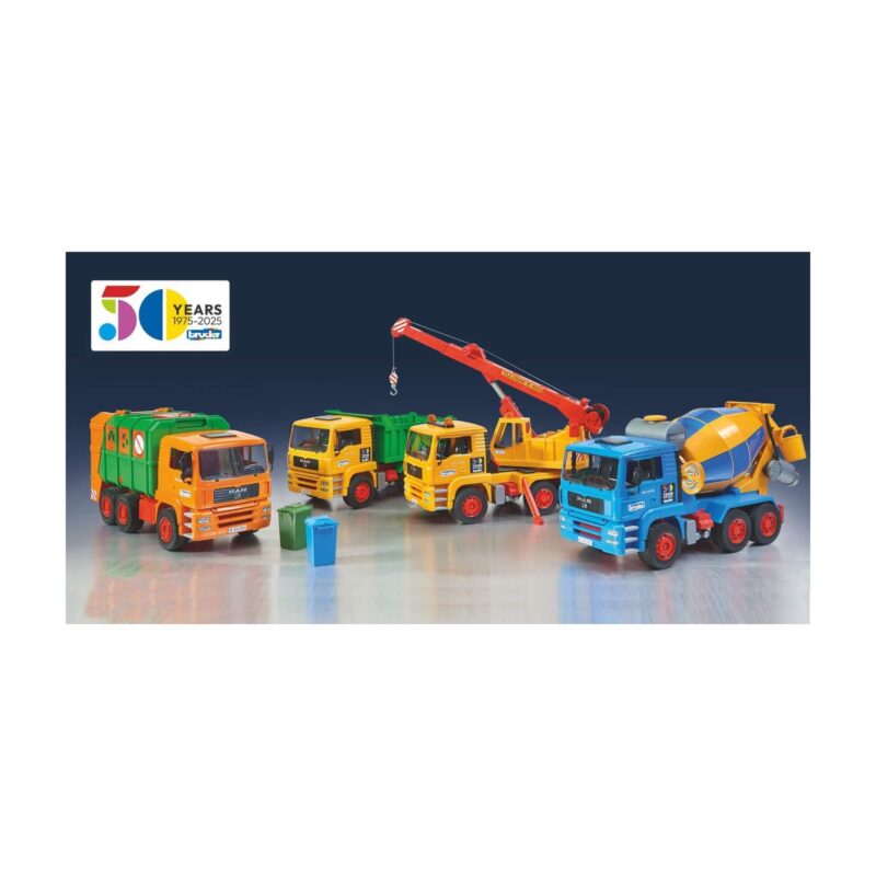 Bruder 50 Years MAN TGA construction truck bundle with crane, mixer, tipper and garbage truck, 1:16 scale