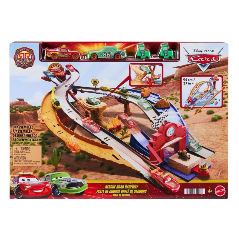 Packaging back showing features of Cars Race & Rescue track