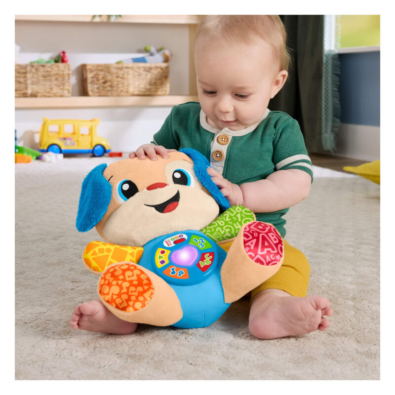 Baby holding Fisher-Price Laugh & Learn Smart Stages Puppy
