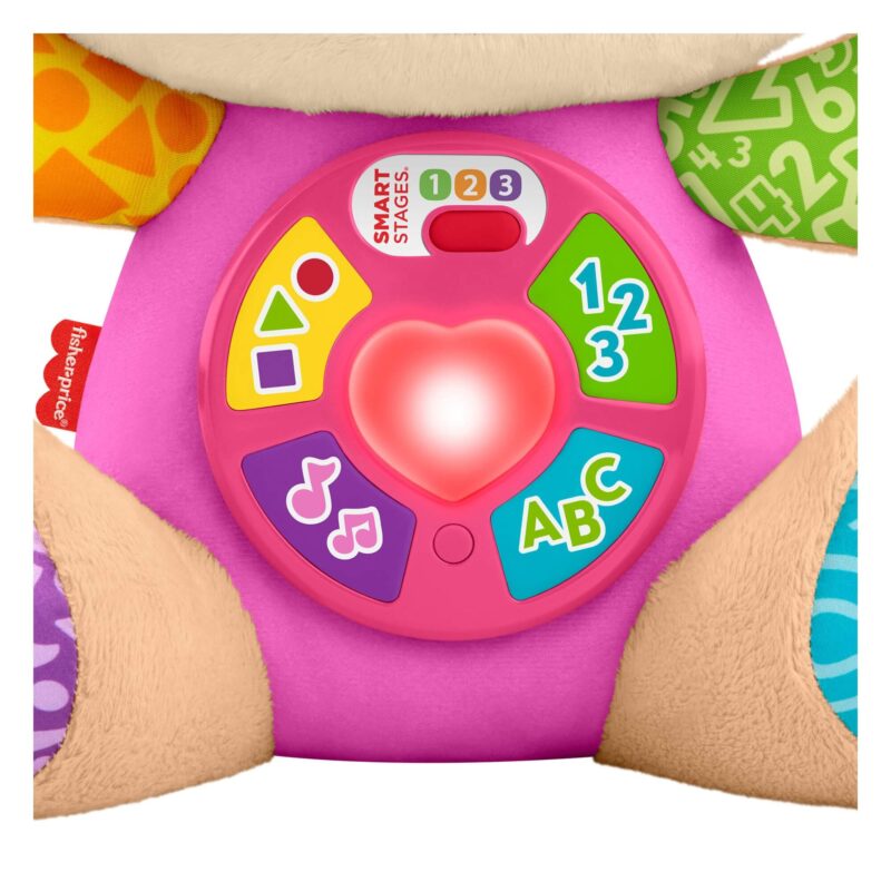 Close-up of light-up heart feature on Fisher-Price Sis pink learning toy