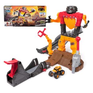 Monster Jam SmashBot playset with box and JCB Digatron truck displayed
