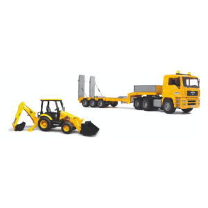 Shop the Bruder MAN TGA low loader with JCB Midi CX backhoe loader. Premium 1:16 scale construction truck set with trailer, ramps and moving parts.