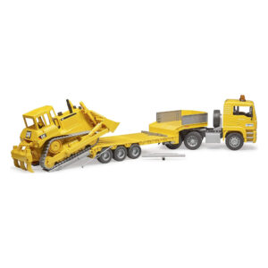 CAT bulldozer loading onto low loader ramps