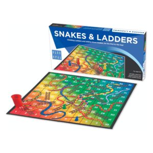 Snakes and Ladders board with box and pieces