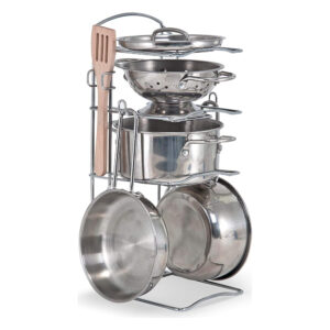 Stainless steel cookware stored neatly on rack