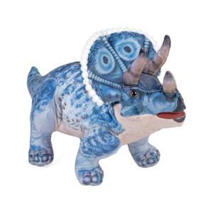 Blue Triceratops plush toy in three-quarter view