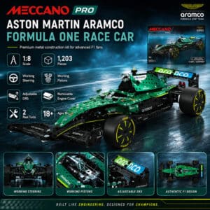 Meccano Pro Aston Martin F1 Race Car features 1:8 scale model