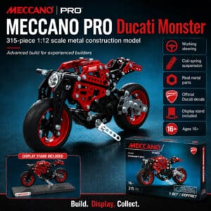 Meccano Pro Ducati Monster features 1:12 scale metal construction model