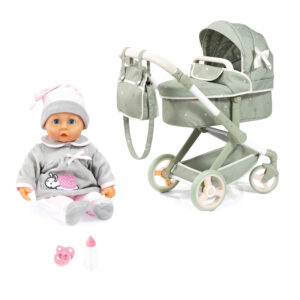 Bayer Design First Words Baby Doll Grey 38cm and Xeo Soft Sage Green Doll Pram Bundle